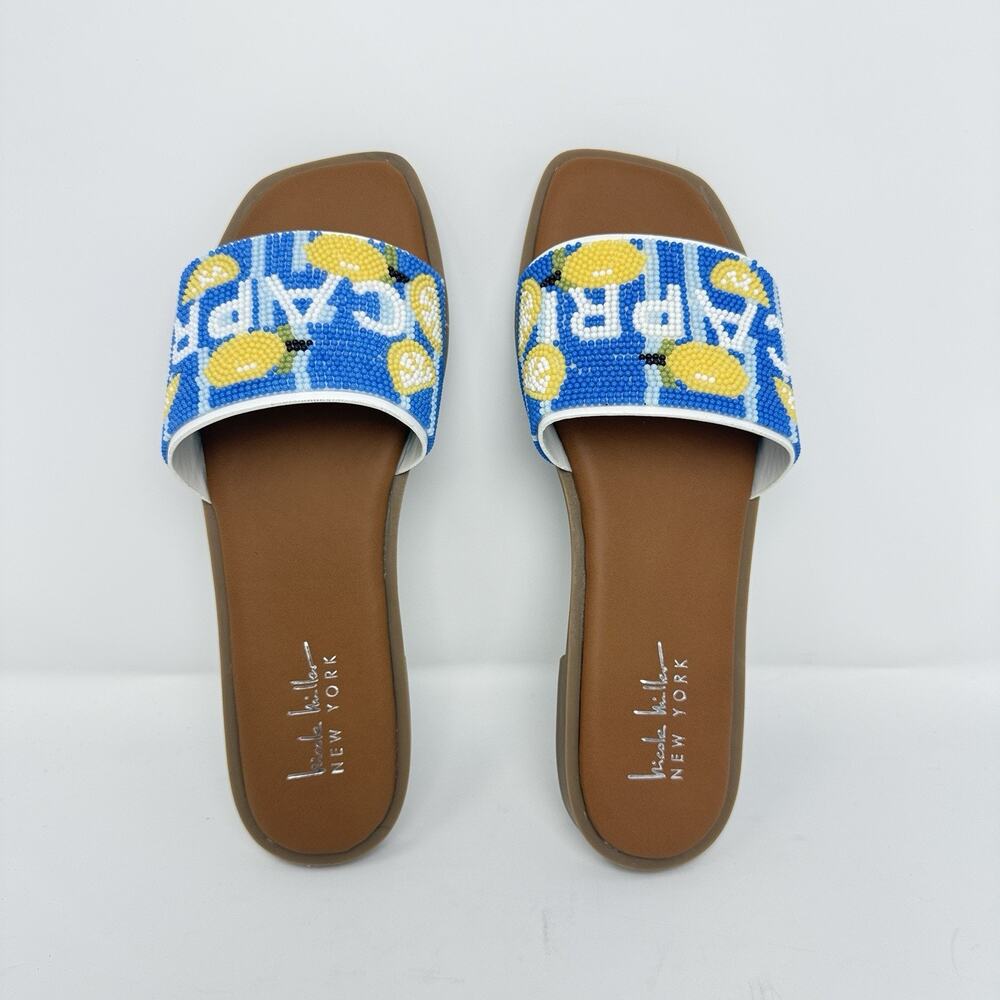 Nicole Miller Destin Capri Women’s 6 M Blue Beaded Slide Sandals Lemon Flats